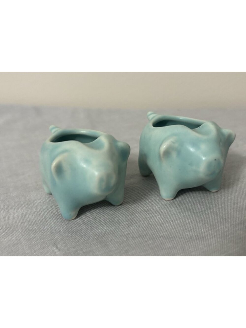 Vintage‎ PAIR Stangl  Pottery Pig Ashtray Antique Blue Teal MCM